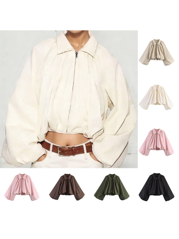 Women’s Puff Sleeve Bomber Jacket Casual Lapel Collar Full Zip Loose Fit Fashion Spring Fall Crop Pleated Shirts,Beige L