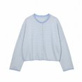thumbnail image 1 of Sewkxo Women's Striped Cropped Knit Cardigan Crew Neck Button Down Long Sleeve Loose Drop Shoulder Casual Sweater Outerwear,Light Blue L, 1 of 4
