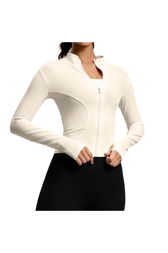 Women's Workout Jacket Lightweight Zip Up Cropped Yoga Jackets Slim Fit Athletic Tops with Thumb Holes,Beige 2XL