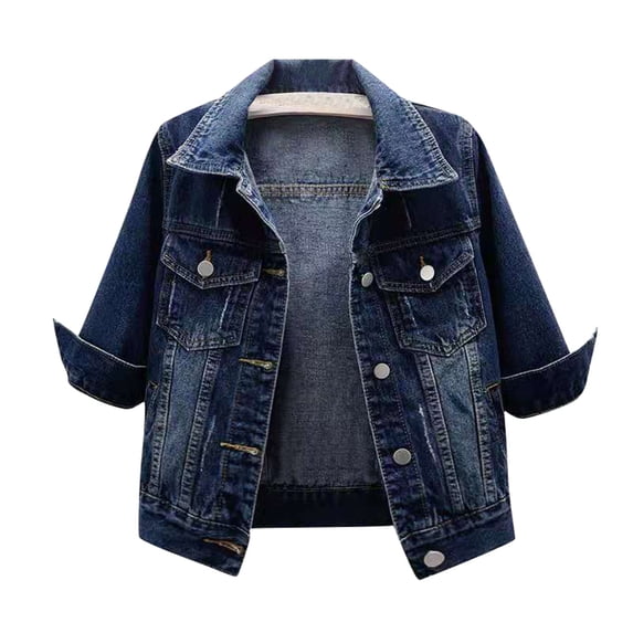 Sewkxo Womens 3/4 Sleeve Short Denim Jacket Lapel Button Down Cropped Trucker Jean Jackets Coats,Dark Blue L