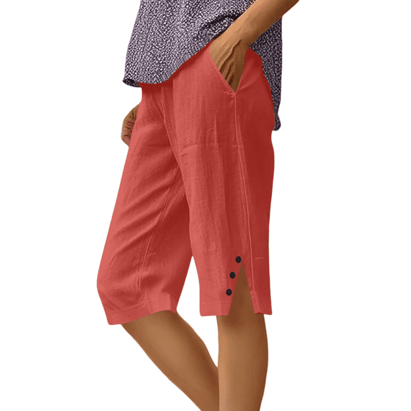 Sewkxo Womens Bermuda Shorts Knee Length Dressy Causal Elastic Waist Buttons Linen Shorts Summer Beach Shorts with Pockets,Watermelon Red S