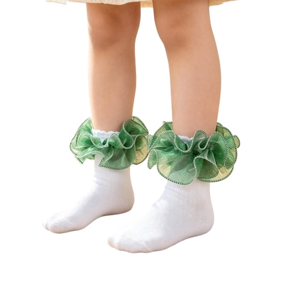 Sewkxo Womens Big Ruffle Ankle Double Lace Turn Cuff Dress Socks,Women Cute Adult Cotton Ruffled Frilly Sock,Green XXS