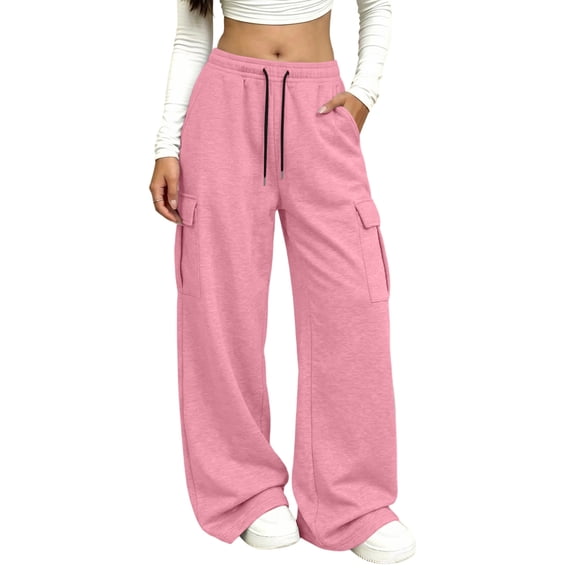 Sewkxo Womens Cargo Sweatpants High Waist Drawstring Baggy Fleece Lined Sweatpants Straight Casual Athletic Joggers with Pockets,Pink XL