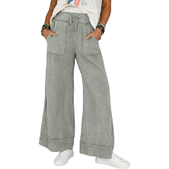 Sewkxo Womens Casual Wide Leg Sweatpants Acid Wash Elastic Waisted Palazzo Pants Trousers with Pockets,Gray L