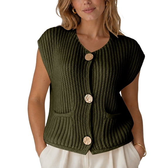 Sewkxo Womens Crochet Chunky Knit Top Sleeveless Cardigan Casual Button Down Crochet Sweater Vest Tops with Pockets,Army Green L