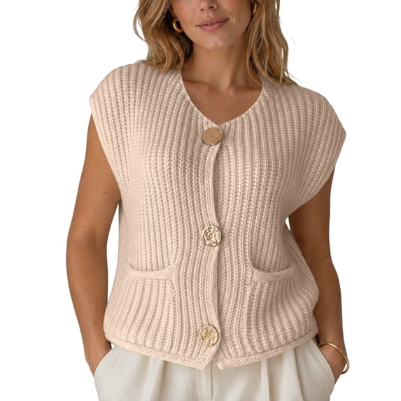 Sewkxo Womens Crochet Chunky Knit Top Sleeveless Cardigan Casual Button Down Crochet Sweater Vest Tops with Pockets,Beige S