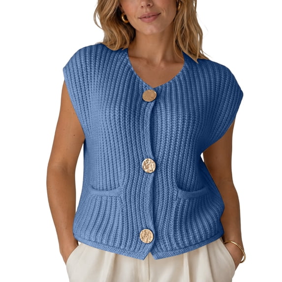 Sewkxo Womens Crochet Chunky Knit Top Sleeveless Cardigan Casual Button Down Crochet Sweater Vest Tops with Pockets,Royal Blue L