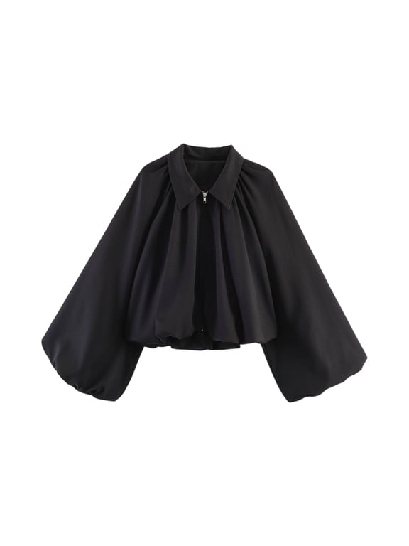 Womens Cropped Puff Sleeve Bomber Jacket Lapel Collar Pleated Full Zip Coat Spring Loose Fit Trendy Outerwear,Black M