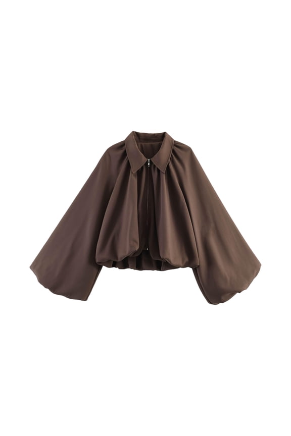 Womens Cropped Puff Sleeve Bomber Jacket Lapel Collar Pleated Full Zip Coat Spring Loose Fit Trendy Outerwear,Brown M