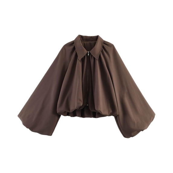 Sewkxo Womens Cropped Puff Sleeve Bomber Jacket Lapel Collar Pleated Full Zip Coat Spring Loose Fit Trendy Outerwear,Brown S