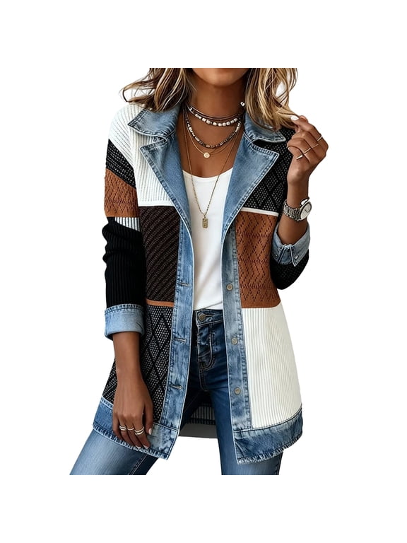 Womens Denim Patchwork Collared Shirt Jacket Loose Button Down Long Sleeve Shacket Casual Denim Patchwork Jacket,Dark Gray L