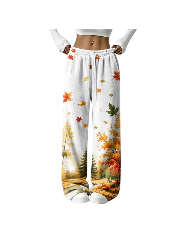 Womens Fashion Flannel Pants with Maple Leaf Print Loose Straight Leg Drawstring Waist Casual Lounge Trousers,2XL