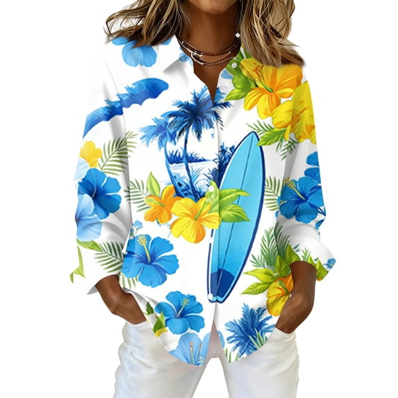 Sewkxo Womens Hawaii Shirts Floral Printed Long Sleeves Lapel Collar Button Down Tropical Beach Blouse 2026 Fashion Baggy Party Holiday T Shirt,Light Blue L