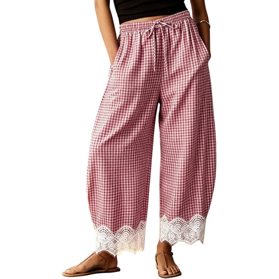 Sewkxo Womens Lace Trim Gingham Barrel Pants Wide Leg Elastic Drawstring Waist Lounge Pants Plaid Trousers with Pockets,Red 2XL