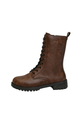 Womens Lace Up Mid Calf Boots Round Toe PU Leather Combat Boot with Side Zipper Comfy Low Heel Outdoor Hiking Boots,Brown 41