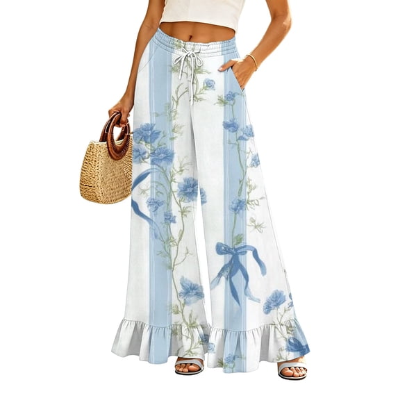 Sewkxo Womens Palazzo Pants Summer Casual Wide Leg High Waist Drawstring Floral Print Bohemian Trousers,Sky Blue M