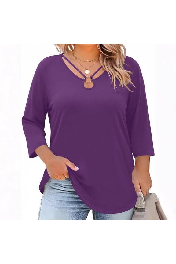 Womens Plus Size Tops 3/4 Sleeve Shirts Summer Cut Out Ring Keyhole Neck Dressy Casual Loose Tunic Tops,Purple 5XL