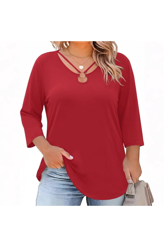 Womens Plus Size Tops 3/4 Sleeve Shirts Summer Cut Out Ring Keyhole Neck Dressy Casual Loose Tunic Tops,Red XL