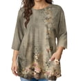 thumbnail image 1 of Sewkxo Womens Plus Size Tops Casual 3/4 Length Shirt Crew Neck Print Blouses Spring Summer Cotton Clothes,Brown L, 1 of 6