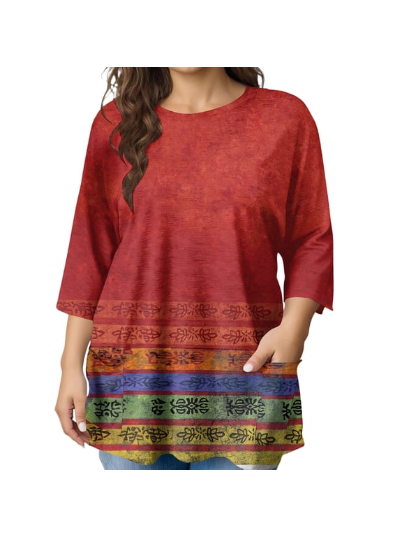 Womens Plus Size Tops Casual 3/4 Length Shirts Crew Neck Print Blouse 2026 Summer Cotton Clothes,Red 5XL