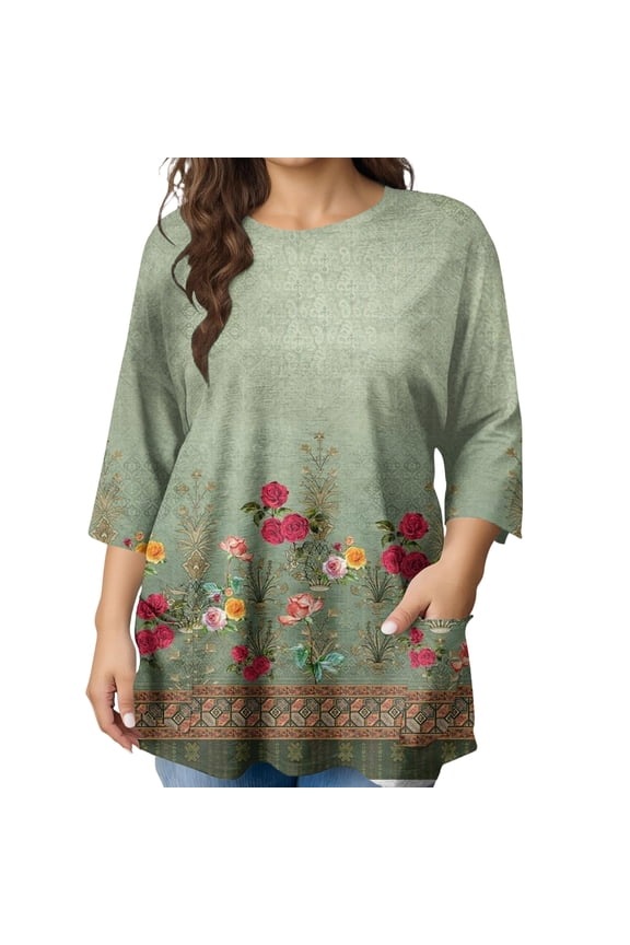 Womens Plus Size Tops Casual 3/4 Length Shirts Crew Neck Print Blouse Spring Summer Fashion Clothes,Green XL