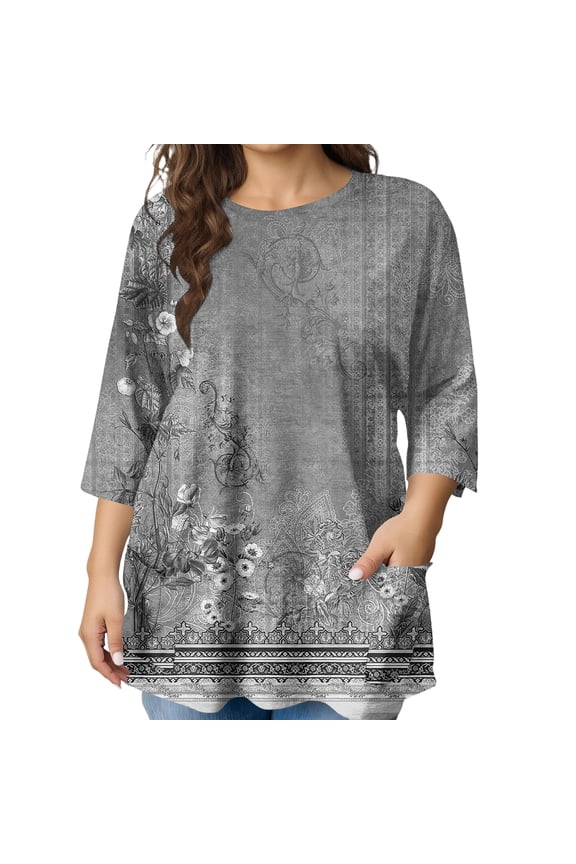 Womens Plus Size Tops Loose Fit 3/4 Length Shirts Crew Neck Print Blouse Spring Summer Fashion Clothes L-5x,Gray 2XL