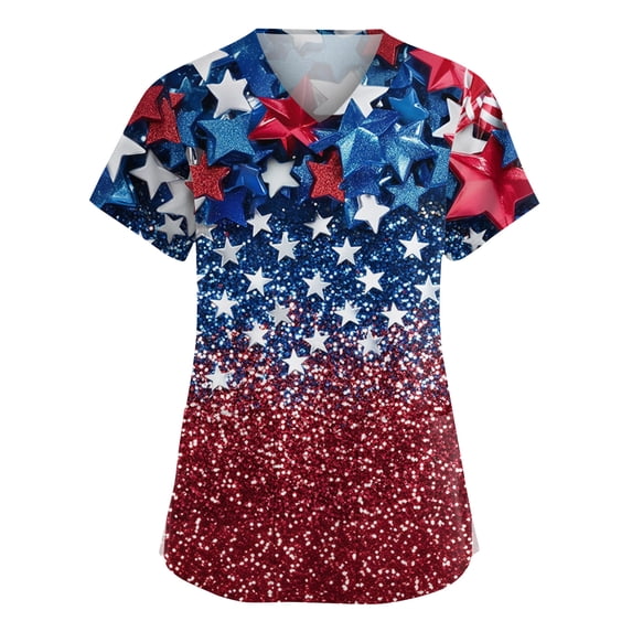 Sewkxo Womens Scrub American Independence Day Graphic Short Sleeve V Neck Scrubs Tee Baggy Fit Summer Working Uniform Nursing Top with Pockets,Hot Pink 3XL