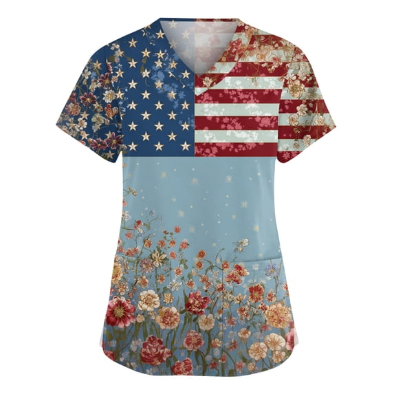 Sewkxo Womens Scrubs Tops American Patriotic 4th Of July Short Sleeve V Neck Scrubs Tops Loose Fit Summer Working Uniform Nursing Top with Pockets,Sky Blue 2XL