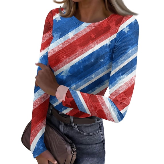 Sewkxo Womens a Shirt Sherpa 250th Anniversary American Independence Day Print Round Neck Pullover Top Spring Summer Loose Fit Casual Long Sleeve Tops,Light Blue L