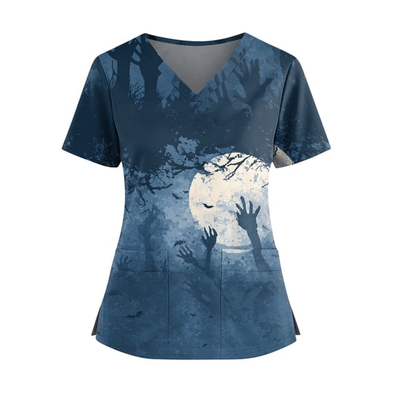 Sewkxo Womens Spooky Star Bat Halloween Pattern V-Neck Medical Scrub Top Short Sleeve Soft Polyester Nursing Workwear Pocket,Blue S