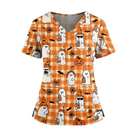 Sewkxo Womens Spooky Star Bat Halloween Pattern V-Neck Medical Scrub Top Short Sleeve Soft Polyester Nursing Workwear Pocket,Yellow 4XL
