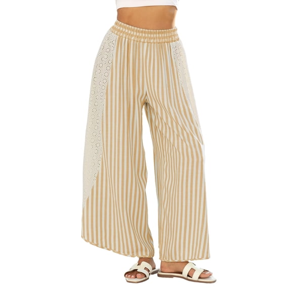Sewkxo Womens Summer Palazzo Pants Casual Loose Striped Wide Leg Pants Elastic Waist Lounge Trousers,Beige S