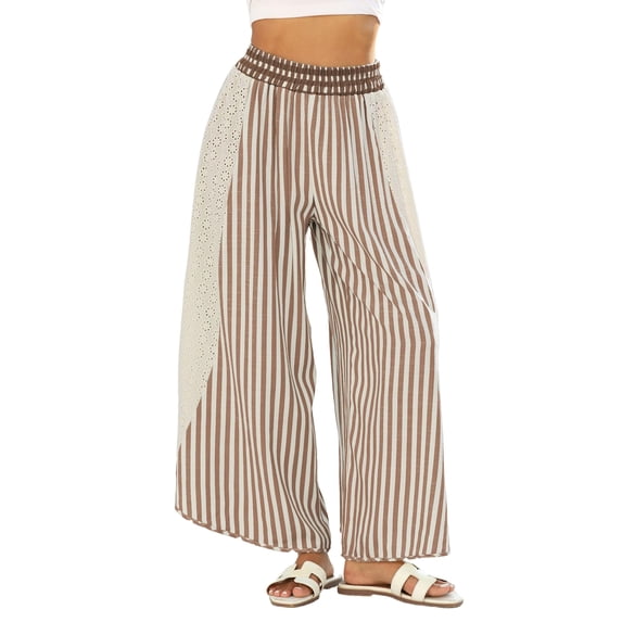 Sewkxo Womens Summer Striped Gingham Wide Leg Lounge Pants Elastic Waist Beach Palazzo Trousers with Pockets,Brown 2XL