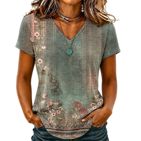 Sewkxo Womens Summer Tops Short Sleeve Basic Casual V Neck T Shirts Trendy Fashion 2026 Top,Green 2XL