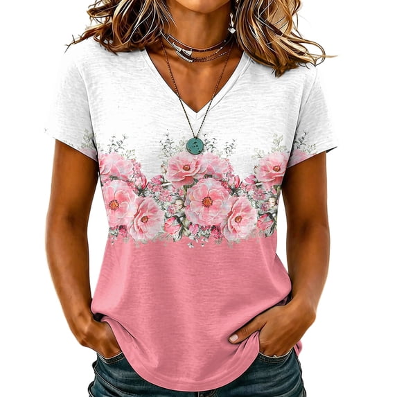 Sewkxo Womens Summer Tops Short Sleeve Basic Casual V Neck T Shirts Trendy Fashion 2026 Top,Light pink 3XL