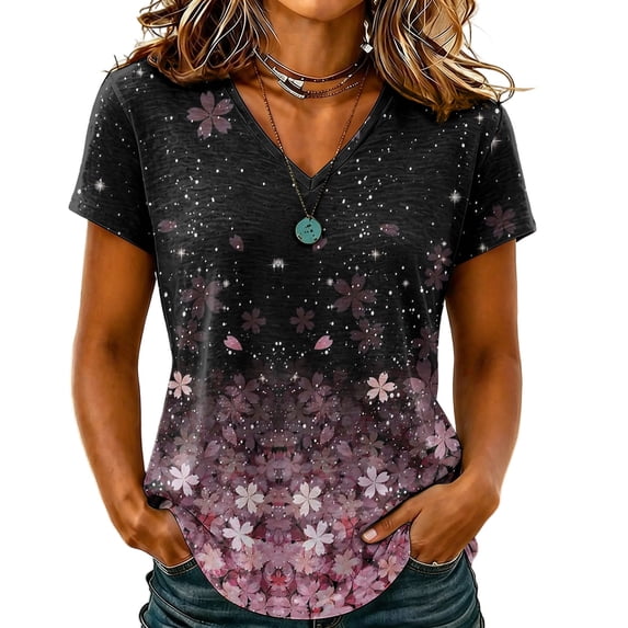 Sewkxo Womens Summer Tops Short Sleeve Basic Casual V Neck T Shirts Trendy Fashion 2026 Top,Purple Pink 3XL