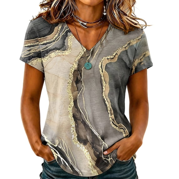 Sewkxo Womens Summer Tops Short Sleeve Casual Shirts Floral Tee Trendy 2026 Basics V Neck Plain Tshirt,Gray L