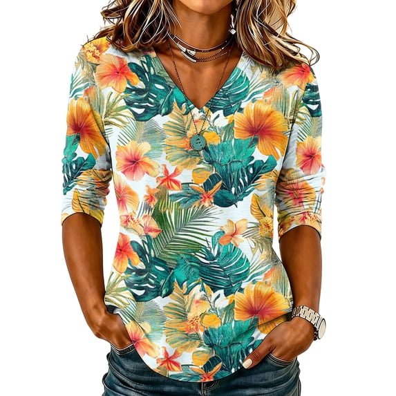 Sewkxo Womens Summer Tops Short Sleeve Casual Shirts Floral Tee Trendy 2026 Basics V Neck Plain Tshirt,Orange XL