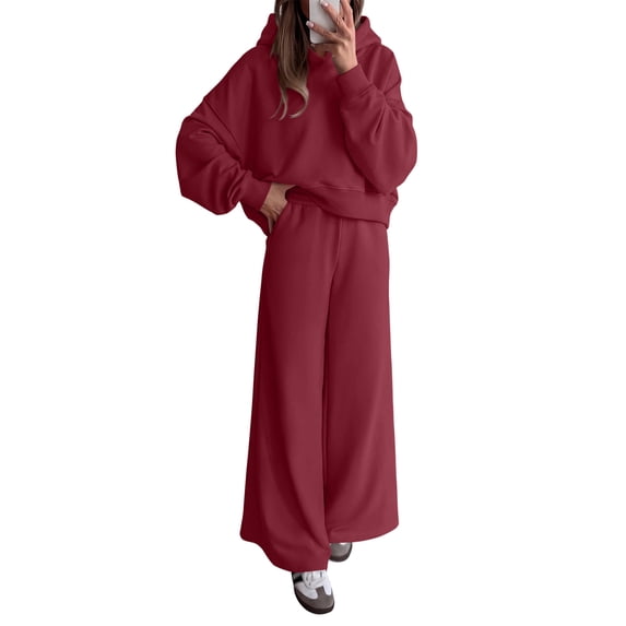Sewkxo Womens Sweatsuits 2 Piece Set Casual Winter Long Sleeve Hoodie Loose Wide Leg Sweatpants Fall Tracksuit,Wine L