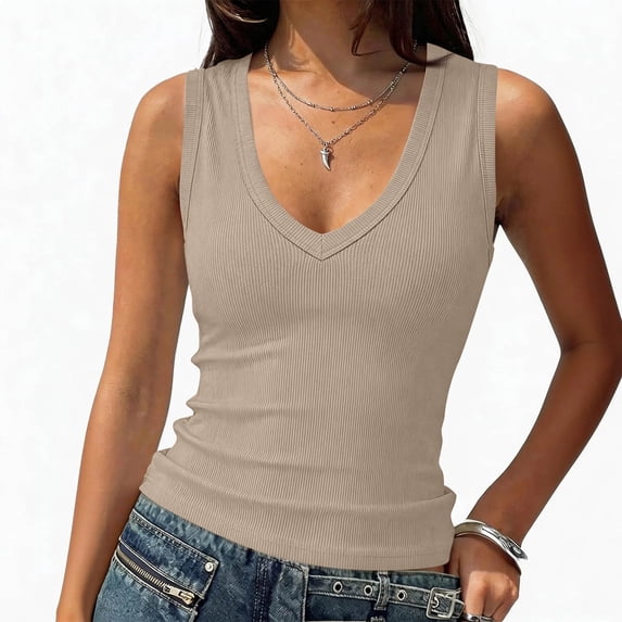 Sewkxo Womens Tank Tops V Neck Ribbed Knit Sleeveless Tank Top Slim Fit Fitted Basic Tops Casual Clothes 2026,Khaki XL