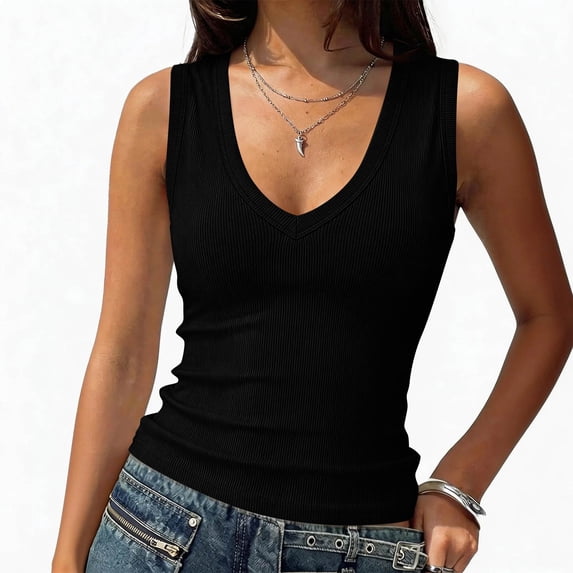 Sewkxo Womens Tank Tops V Neck Ribbed Sleeveless Tank Top Slim Fit Fitted Basic Tee Shirts Casual Clothes 2026,Black S