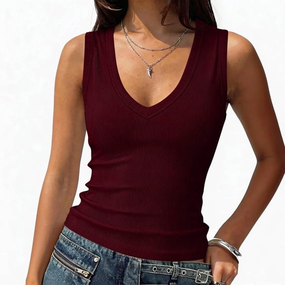 Sewkxo Womens Tank Tops V Neck Ribbed Sleeveless Tank Tops Slim Fitted Fitted Basic Top Casual Clothes 2026,Wine 2XL