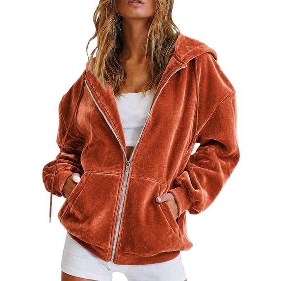 Sewkxo Womens Velour Zip Up Hoodie Long Sleeve Fall Oversized Hooded Sweatshirt Y2K 2026 Jacket with Pockets,Saffron S
