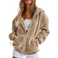 thumbnail image 1 of Sewkxo Womens Velvet Zip Up Hoodie Long Sleeve Oversized Hooded Sweatshirt Fall Velour Y2K Jacket with Pockets,Khaki S, 1 of 6