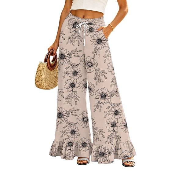 Sewkxo Womens Wide Leg Pants Drawstring Elastic High Waisted Ruffle Hem Palazzo Pants with Pockets,Beige M