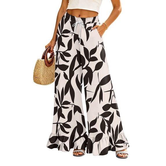 Sewkxo Womens Wide Leg Pants Drawstring Elastic High Waisted Ruffle Hem Palazzo Pants with Pockets,Beige S