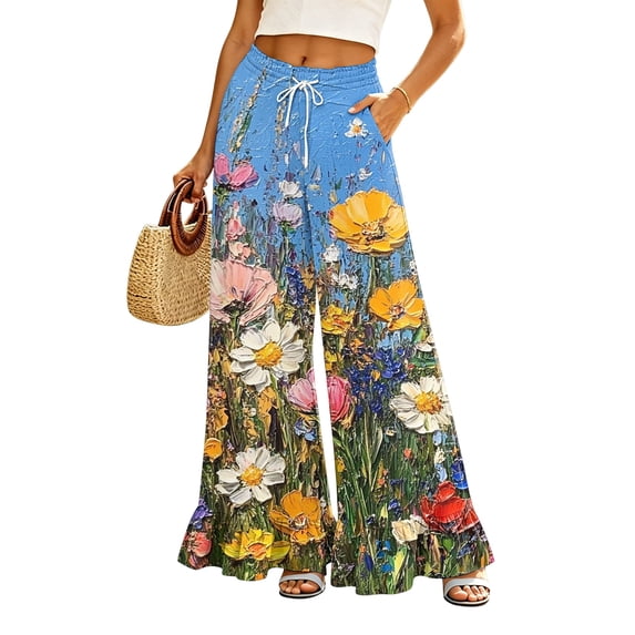 Sewkxo Womens Wide Leg Pants Drawstring Elastic High Waisted Ruffle Hem Palazzo Pants with Pockets,Blue 2XL