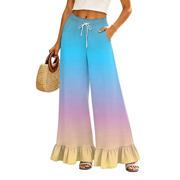 Sewkxo Womens Wide Leg Pants Drawstring Elastic High Waisted Ruffle Hem Palazzo Pants with Pockets,Blue L