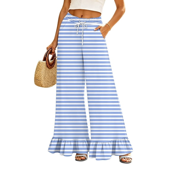Sewkxo Womens Wide Leg Pants Drawstring Elastic High Waisted Ruffle Hem Palazzo Pants with Pockets,Blue XL