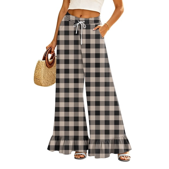 Sewkxo Womens Wide Leg Pants Drawstring Elastic High Waisted Ruffle Hem Palazzo Pants with Pockets,Camel 2XL